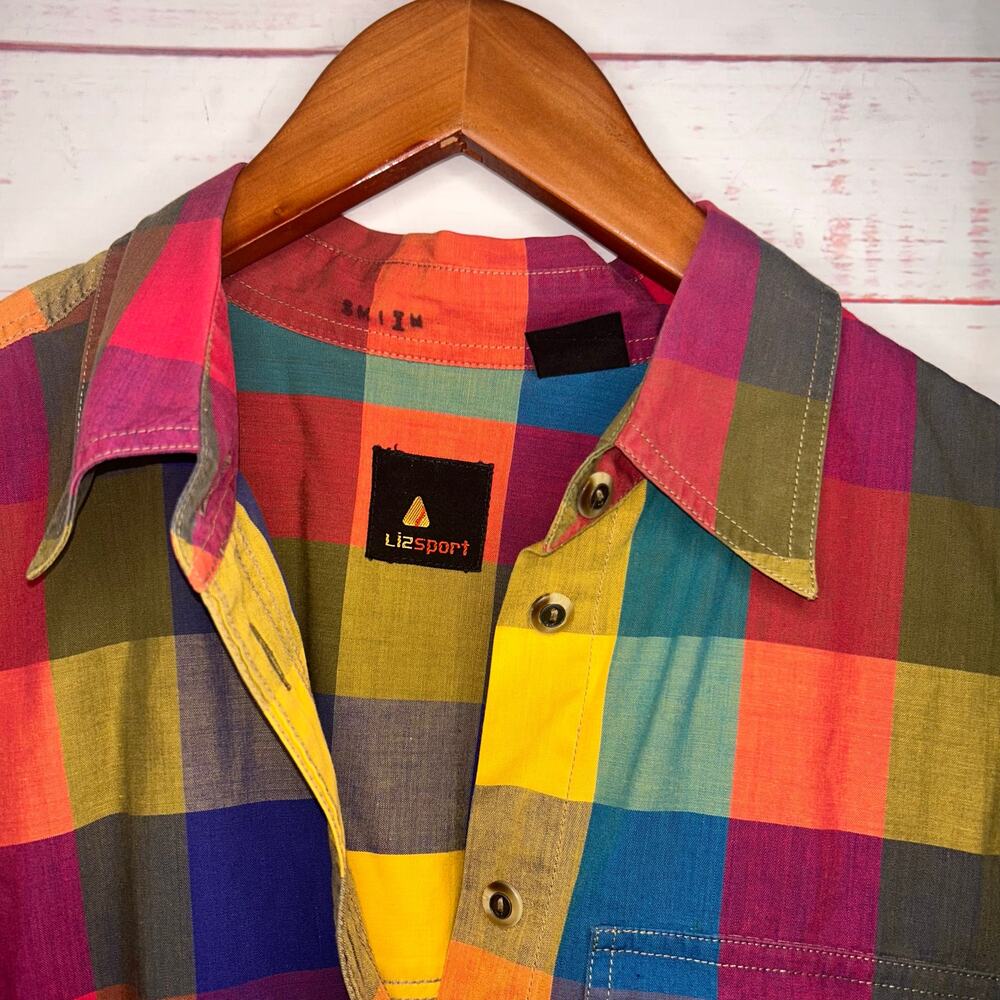 Vintage Liz Sport Multi Color Plaid Short Sleeve Button Up Women's Size Medium - Picture 2 of 5